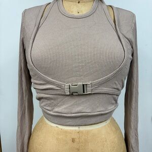 Cider Taupe Cropped Ribbed Long Sleeve buckle top